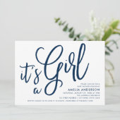 ブルースクリプトとピンク女の子の赤ちゃんシャワー 招待状 (スタンド正面)