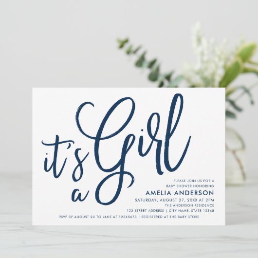 ブルースクリプトとピンク女の子の赤ちゃんシャワー 招待状 (スタンド正面)
