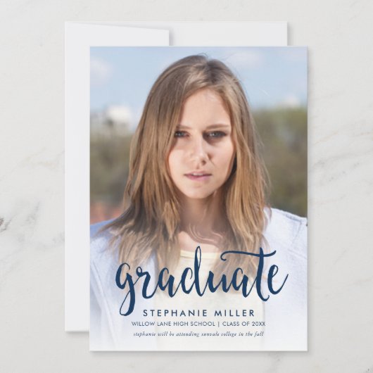 ブルースクリプトと赤写真の卒業発表 案内状 (正面)