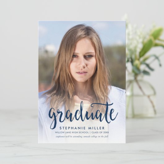 ブルースクリプトと赤写真の卒業発表 案内状 (スタンド正面)