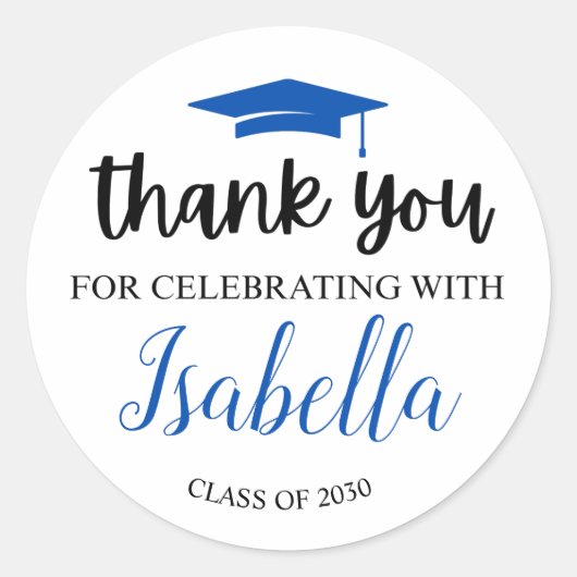 ブルースクリプトエレガント卒業ありがとうパーティーFav ラウンドシール (正面)