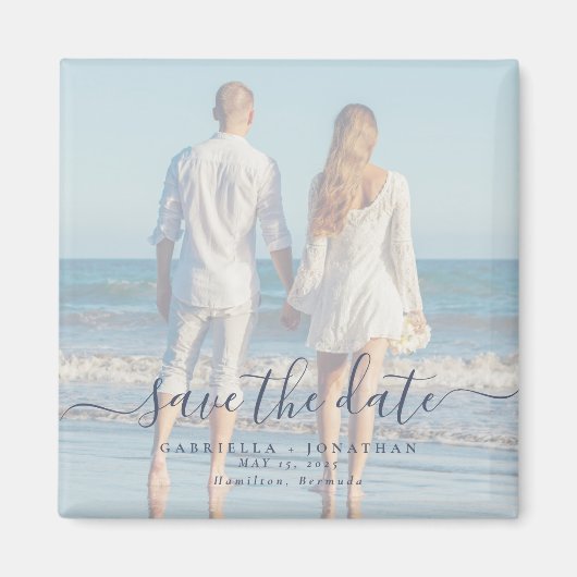 ブルースクリプトカップル写真結婚式の日付を保存 マグネット (正面)