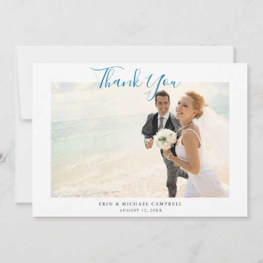 ブルースクリプトフォトビーチ結婚式サンキューカード 招待状 (正面)