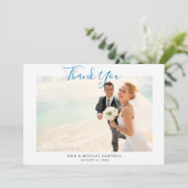 ブルースクリプトフォトビーチ結婚式サンキューカード 招待状 (スタンド正面)