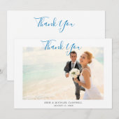ブルースクリプトフォトビーチ結婚式サンキューカード 招待状 (正面/裏面)