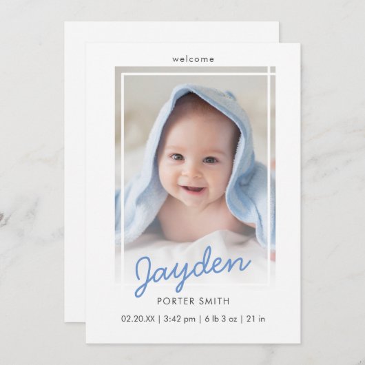 ブルースクリプトボーイ写真誕生のお知らせカード 案内状 (正面/裏面)