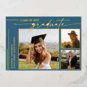 ブルースクリプトモダン大学院写真卒業 箔招待状 (正面)