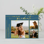 ブルースクリプトモダン大学院写真卒業 箔招待状 (立ち正面)