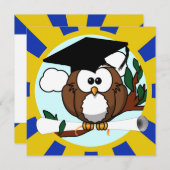 ブルースクールカラー付きフクロウ卒業金ゴールド 招待状 (正面/裏面)