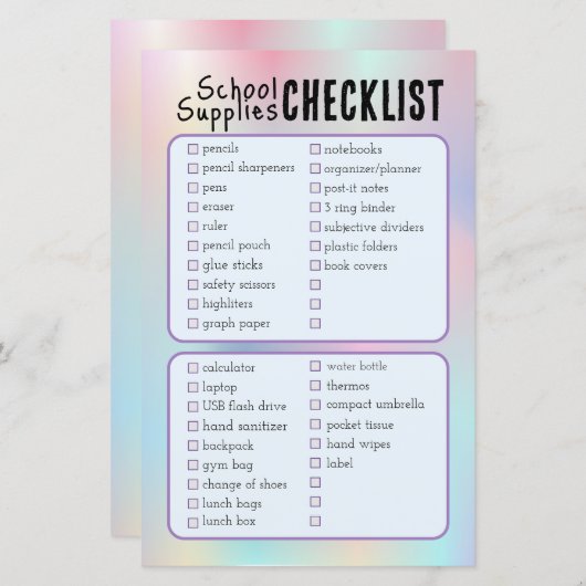 ブルースクール用品のチェックリスト (正面/裏面)