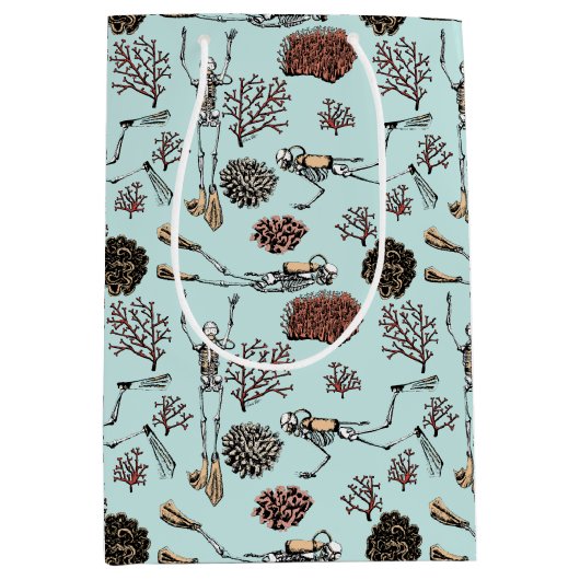 ブルースケルトン海スキューバダイバーアンドコーラル ミディアムペーパーバッグ (正面)