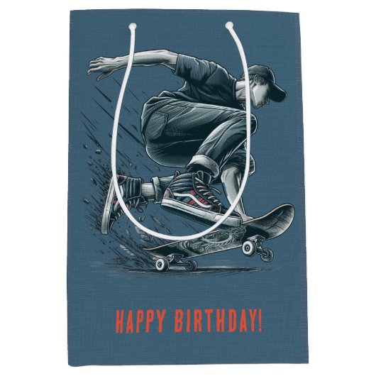 ブルースケートボーダーバーンドオレンジハッピーバースデーボーイ ミディアムペーパーバッグ (正面)