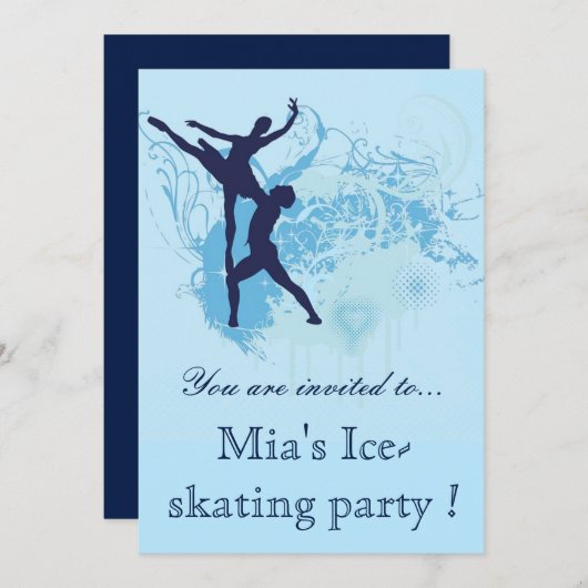 ブルースタイリッシュアイススケートで滑るパーティー誕生会 招待状 (正面/裏面)