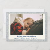 ブルースタイリッシュグモダンレーリネンベビーフォト誕生 案内状 (正面)