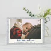 ブルースタイリッシュグモダンレーリネンベビーフォト誕生 案内状 (スタンド正面)