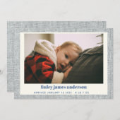 ブルースタイリッシュグモダンレーリネンベビーフォト誕生 案内状 (正面/裏面)