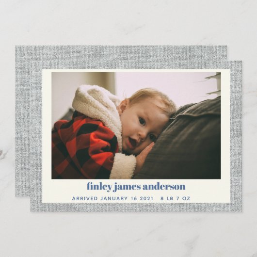 ブルースタイリッシュグモダンレーリネンベビーフォト誕生 案内状 (正面/裏面)