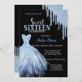 ブルースタイリッシュグリッタードリップスブルードレスブラック 招待状 (正面/裏面)