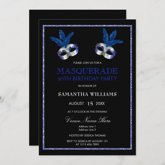ブルースタイリッシュグリッター仮装50誕生日 招待状 (正面/裏面)