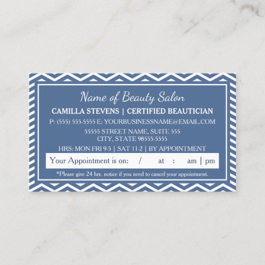 ブルースタイリッシュシェブロンサロンアポイントメントアラーム 予約カード (正面)