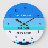 ブルースタイリッシュストライプウェーブファミリーネームビーチハウス ラージ壁時計 (正面)
