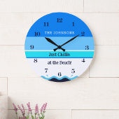 ブルースタイリッシュストライプウェーブファミリーネームビーチハウス ラージ壁時計