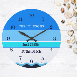 ブルースタイリッシュストライプウェーブファミリーネームビーチハウス ラージ壁時計