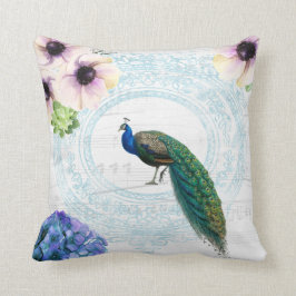 ブルースタイリッシュピンク&ホワイトフローラ孔雀 クッション
