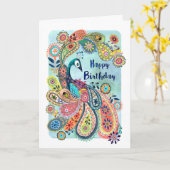 ブルースタイリッシュピーコックハッピーバースデーグリーティングカード カード (黄色い花)