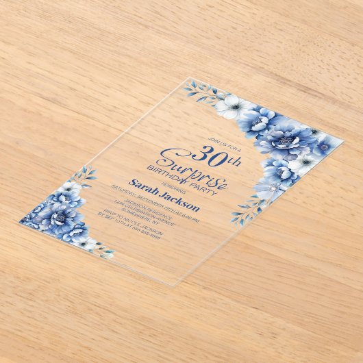 ブルースタイリッシュフローラサプライズ30歳の誕生日パーティー アクリル招待状 (レイダウン)