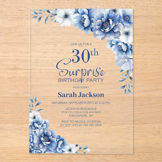 ブルースタイリッシュフローラサプライズ30歳の誕生日パーティー アクリル招待状 (正面)
