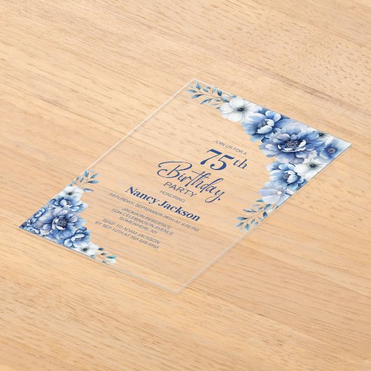 ブルースタイリッシュフローラ75th誕生日パーティー アクリル招待状 (レイダウン)