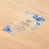 ブルースタイリッシュフローラ90th誕生日パーティー アクリル招待状 (レイダウン)