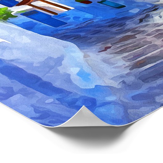 ブルースタイリッシュホワイトミコノス絵画ギリシャ ポスター (角)