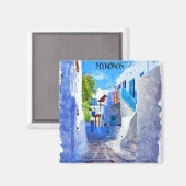 ブルースタイリッシュホワイトミコノスGreece水彩画 マグネット (正面/裏面)