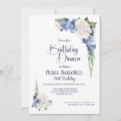 ブルースタイリッシュホワイトローズフローラ誕生日ディナー 招待状 (正面)