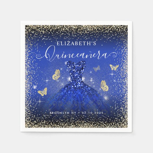 ブルースタイリッシュ金ゴールド王室のグリッターガウンキンセアニラ スタンダードカクテルナプキン (正面)
