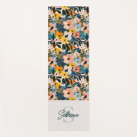 ブルースタイリッシュ&ピンク抽象芸術フローラ名モノグラム ヨガマット (正面)