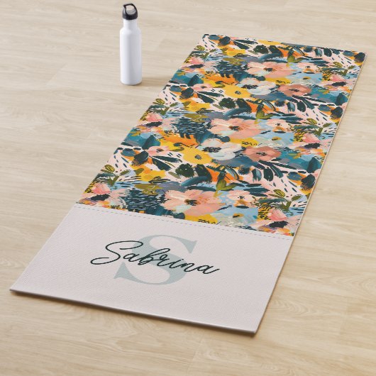 ブルースタイリッシュ&ピンク抽象芸術フローラ名モノグラム ヨガマット (インサイチュ)