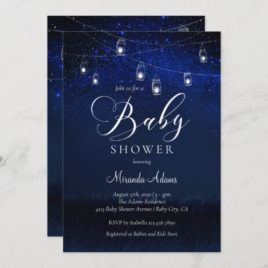 ブルースターエレガントリーナイトメイソンジャーブベイビーシャワー 招待状 (正面/裏面)