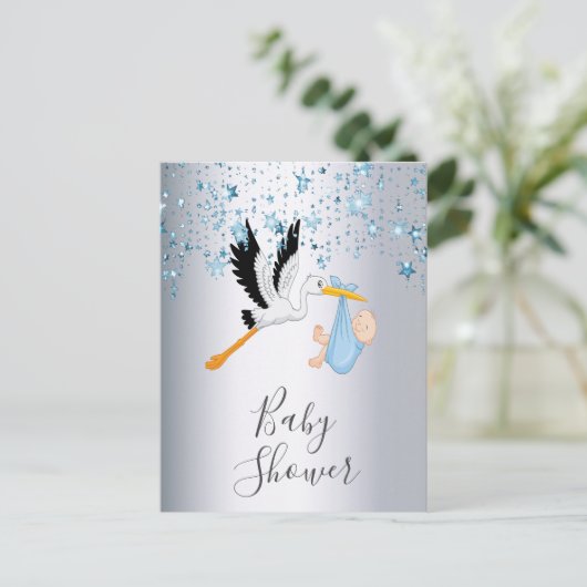 ブルースターズ男の赤ちゃんシルバーシャワー招待 ポストカード (スタンド正面)