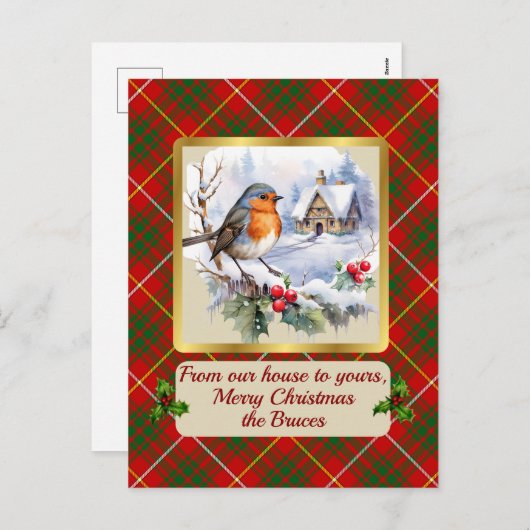 ブルースタータンチェック(ロビン付パーソナライズされた) シーズンポストカード (正面/裏面)