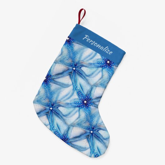 ブルースターフィッシュパターンの海岸ホリデークリスマス スモールクリスマスストッキング (正面 (吊り時))