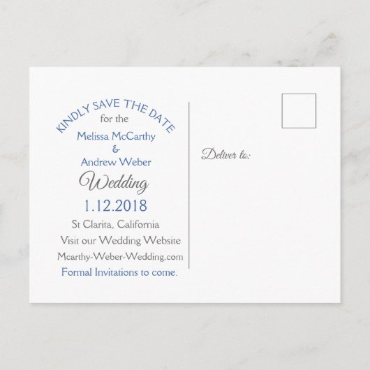 ブルースターフィッシュビーチをテーマにした結婚式の日付を保存 案内ポストカード (裏面)