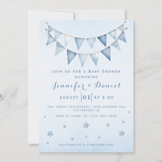 ブルースターモダンリースカイベイビーシャワーペナントバンティング 招待状 (正面)