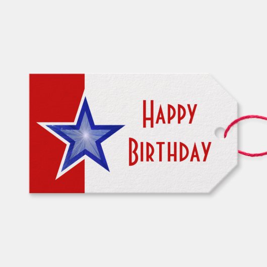 ブルースターレッドプリントハッピーバースデー ギフトタグ (正面(横))