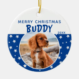 ブルースター柄のメリークリスマス犬の写真 セラミックオーナメント