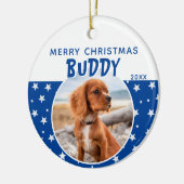 ブルースター柄のメリークリスマス犬の写真 セラミックオーナメント (左)