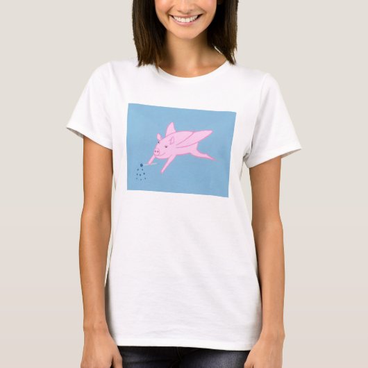 ブルースター飛んでいるティーを作るピンクの豚 Tシャツ (正面)