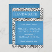 ブルースティッチドダマスクセーブ・ザ・デート案内 招待状 (正面/裏面)